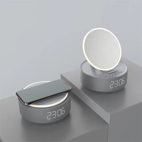 "Mirror Wireless Charger Alarm Clock Bluetooth Speaker"