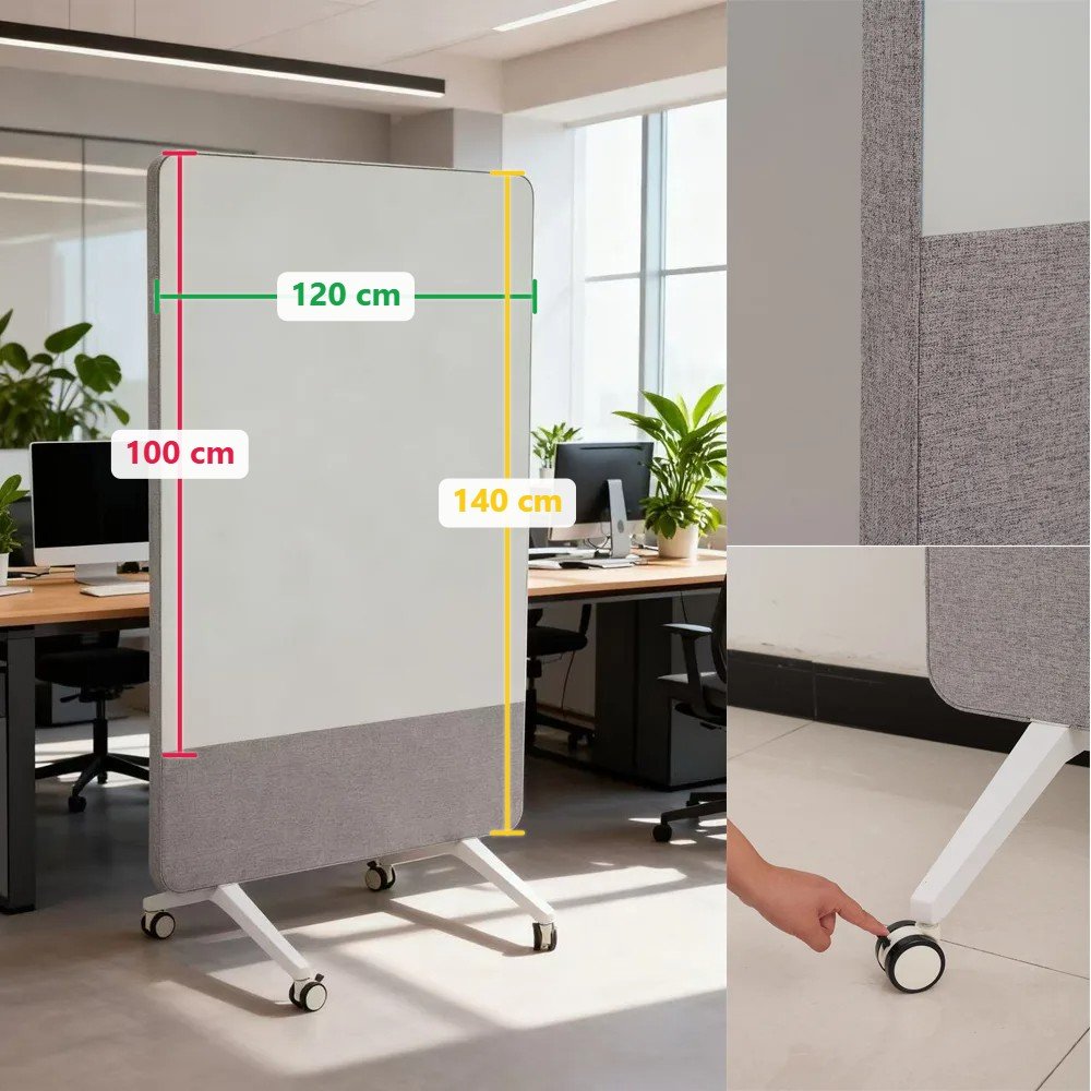 Wheels Magnetic Glass Whiteboard with a Lower Fabric Acoustic Panel